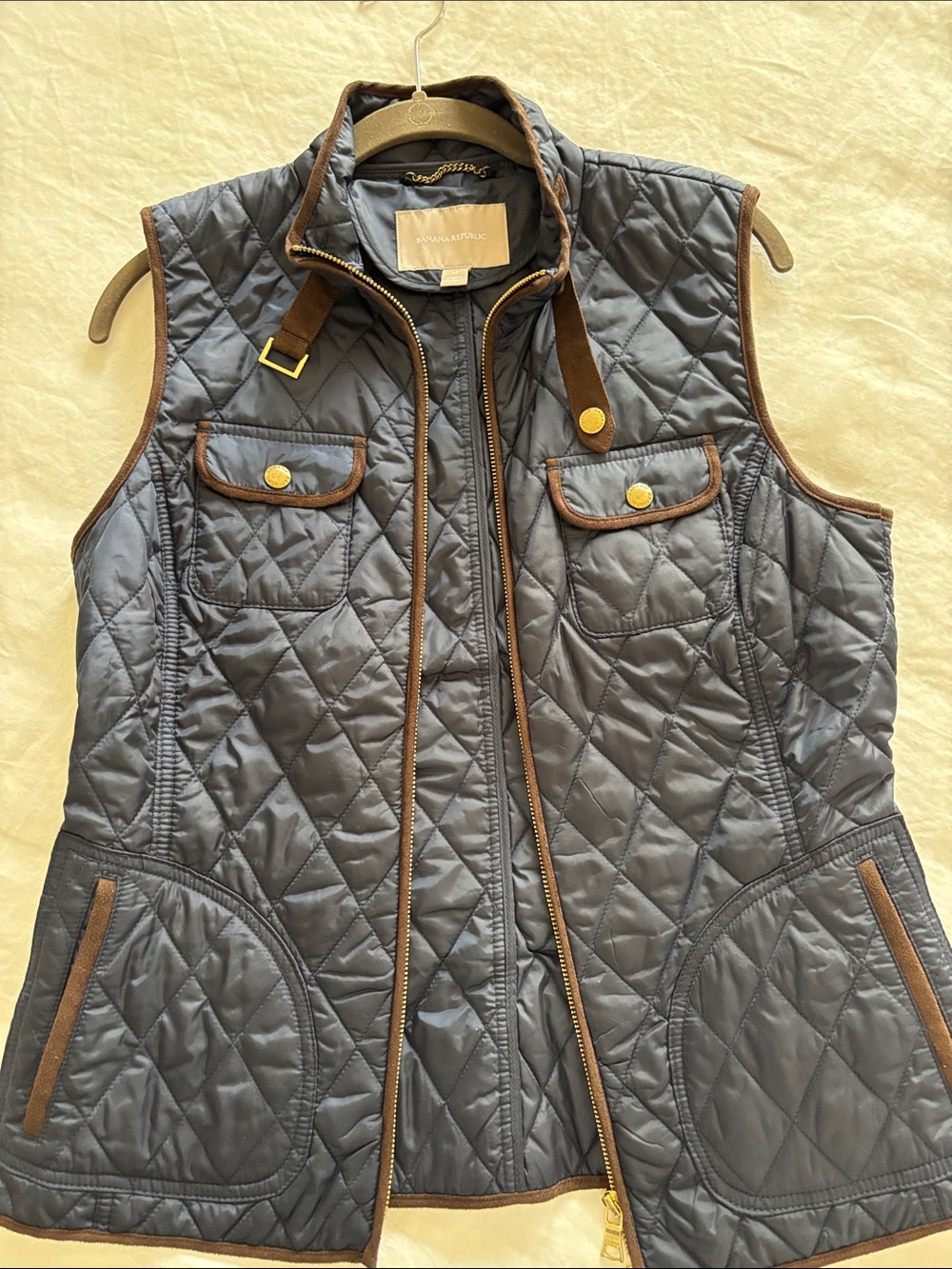 Banana Republic Quilted Navy Vest with Brown Trim and Gold Accents